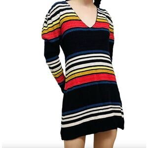 Free People Gidget Knit Striped Mini Sweater Dress V-Neck Rainbow Size M